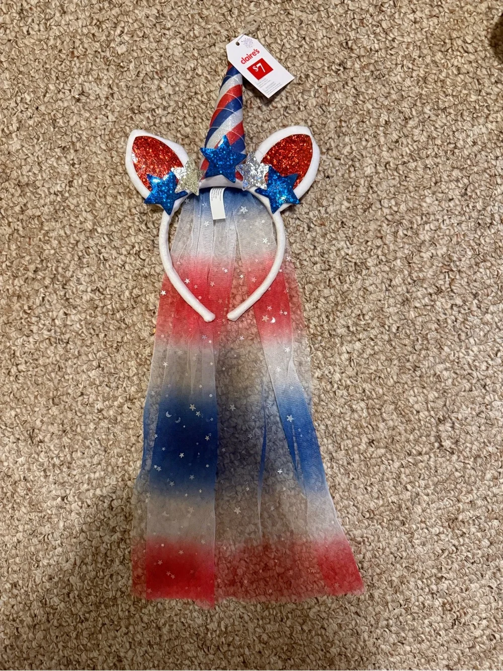 Red, White & Blue Glitter Unicorn Headband with Star Veil